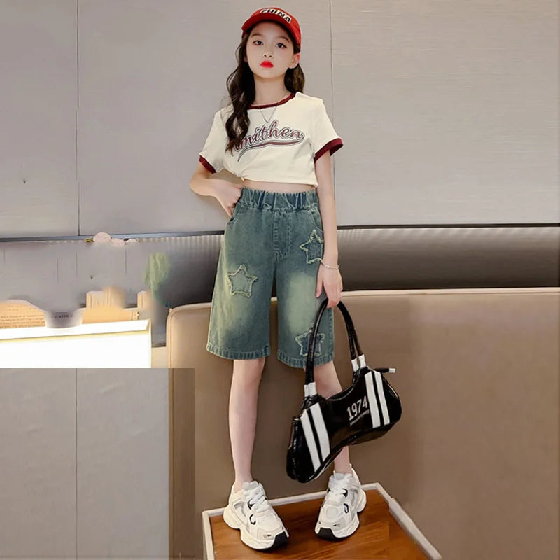 Girls Shorts Summer Kids Casual Loose Jeans Children Denim Knee Length Pants Teenager Fashion High Waist Shorts Clothing
