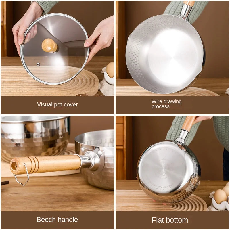 Stainless Steel Pan Japanese Snow Pan Wooden Handle Lid Stew Pots Fry Wok Saucepan Milk Pot Kitchen Utensils Practical Cookware