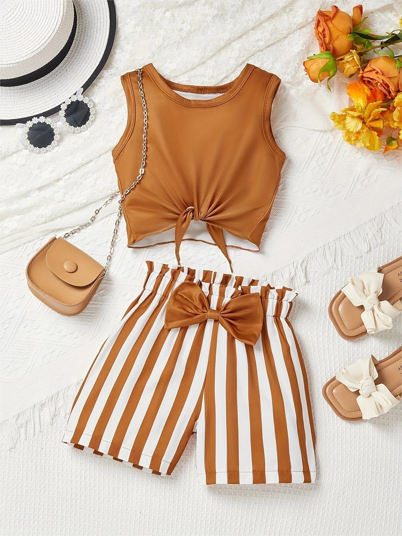 Girls' Casual Shorts Set: Brown Tank Top + Striped Shorts with Bow, Two-Piece Set Suitable for Girls Aged 3-10, Versatile Clothing for Summer, Home, Outings, and School