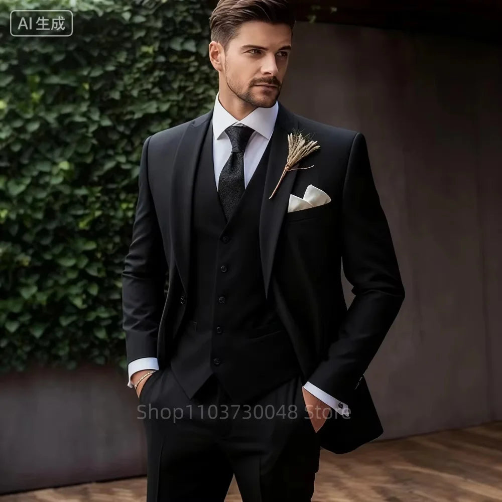 Classic Formal Suits for Men Peak Lapel Blazer Vest Pants 3 Pieces Suits Set Elegant Slim Fit Men's Suit for Business Party Prom