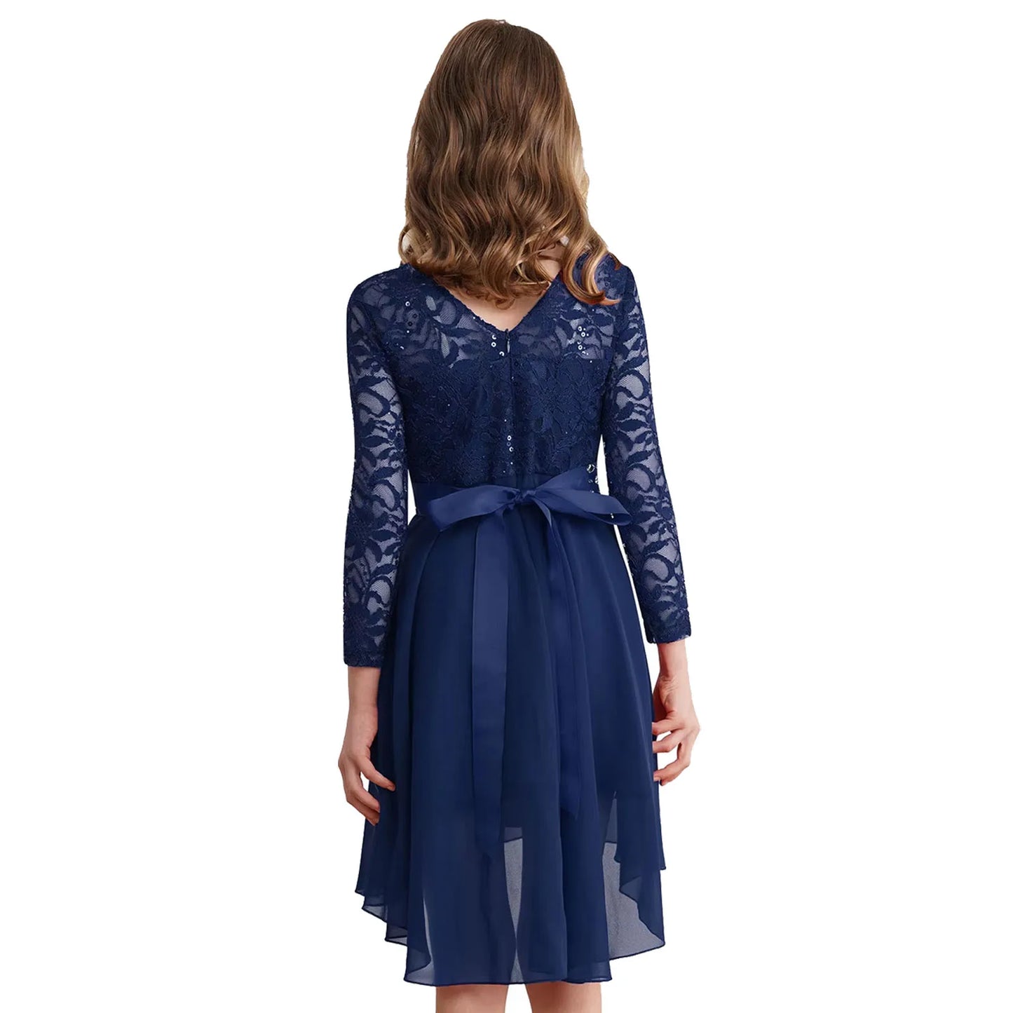 Teen Girls Elegant Scoop Neck Floral Lace Formal Wedding Party Dress Flower Girls Long Sleeve High-Low Chiffon Bridesmaid Dress