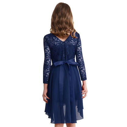 Teen Girls Elegant Scoop Neck Floral Lace Formal Wedding Party Dress Flower Girls Long Sleeve High-Low Chiffon Bridesmaid Dress