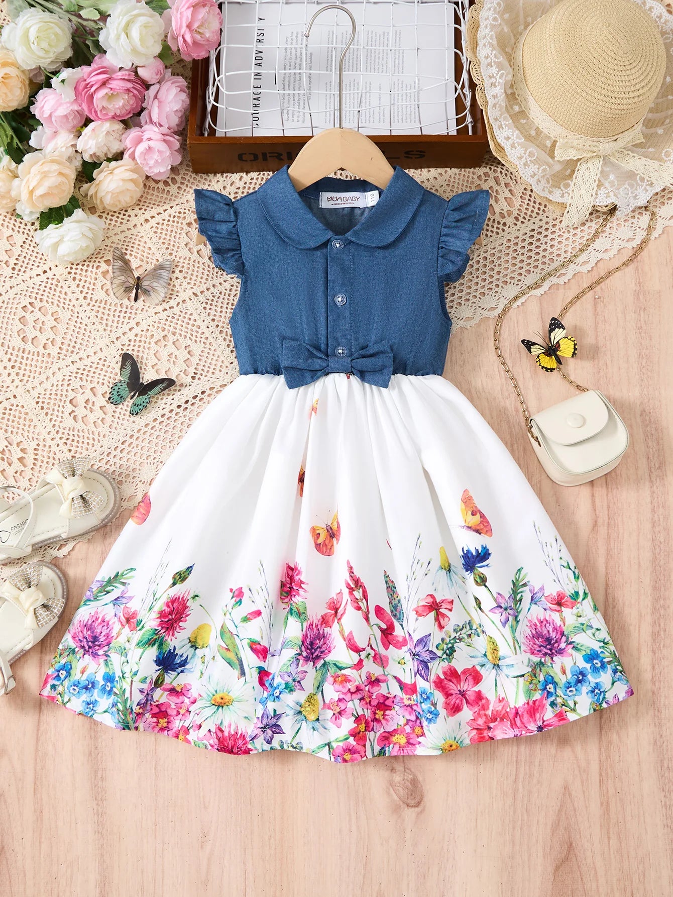 Girls Casual Dresses Denim Print Button Bow Ruffled sleeves Floral Tulle Cute Princess Formal Dresses Children Casual Dresses
