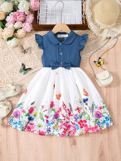 Girls Casual Dresses Denim Print Button Bow Ruffled sleeves Floral Tulle Cute Princess Formal Dresses Children Casual Dresses
