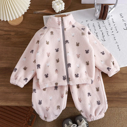 Baby Girl clothes new plush thickened two-piece set of fleece cartoon casual home clothes children's tops and bottom sets