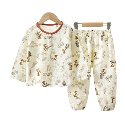 2Pcs Girls Summer Cotton Gauze Thin Pajamas Home Wear Cartoon Floral Print Long Sleeve Lace Trimmed Sleepwear Baby  Clothing Set