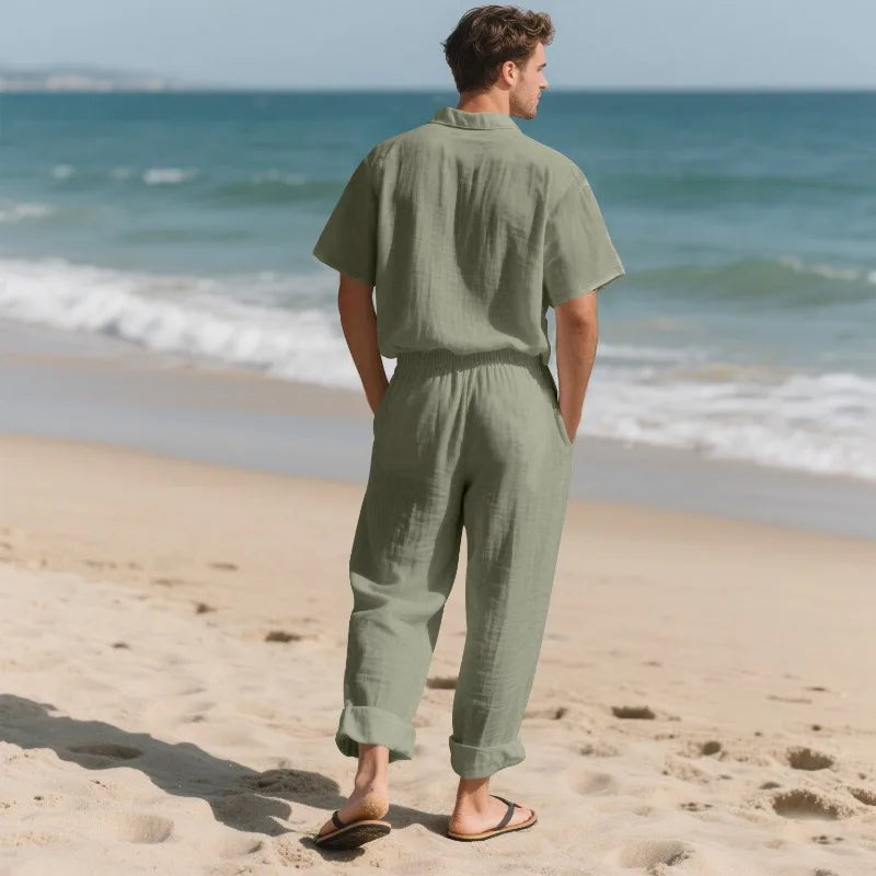 Men's Holiday Suits Summer Short Sleeve Shirts Pant Breathable Linen Beach Casual American Style Shirt Sets Leisure Trip Clothes