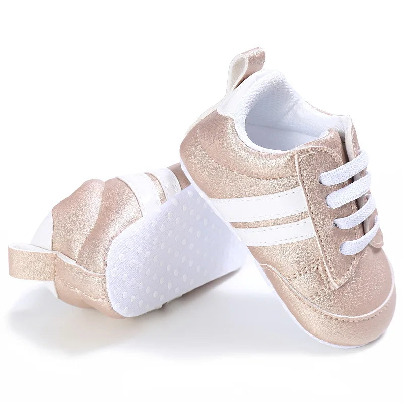 Newborn Baby Boys Shoes for 1 Year Footwear with Striped Infant Casual PU Leather Toddler Soft Sole Girls Sneakers First Walkers