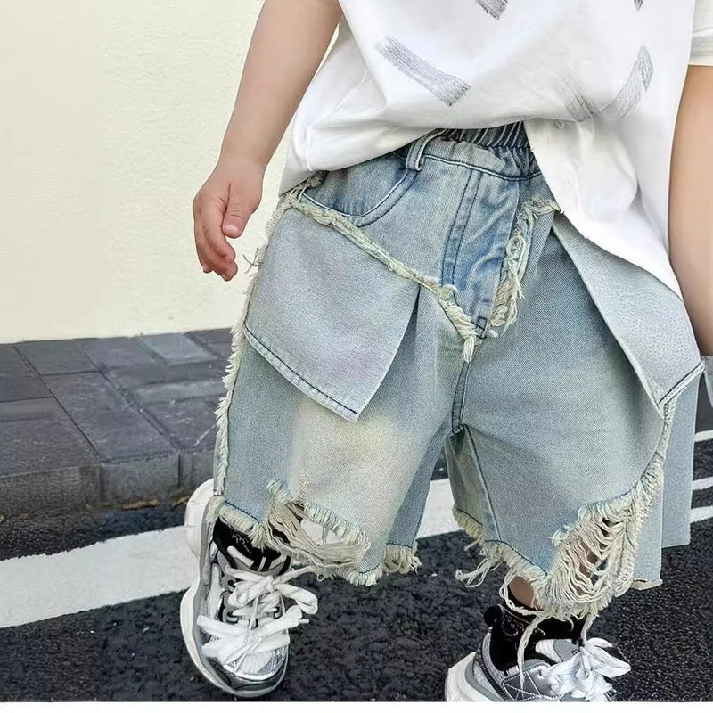 Boy Summer Shorts Kids Casual Denim Jeans Children Knee Length Pants Infant Fashion Ripped Denim Shorts Baby Elastic Waist Short