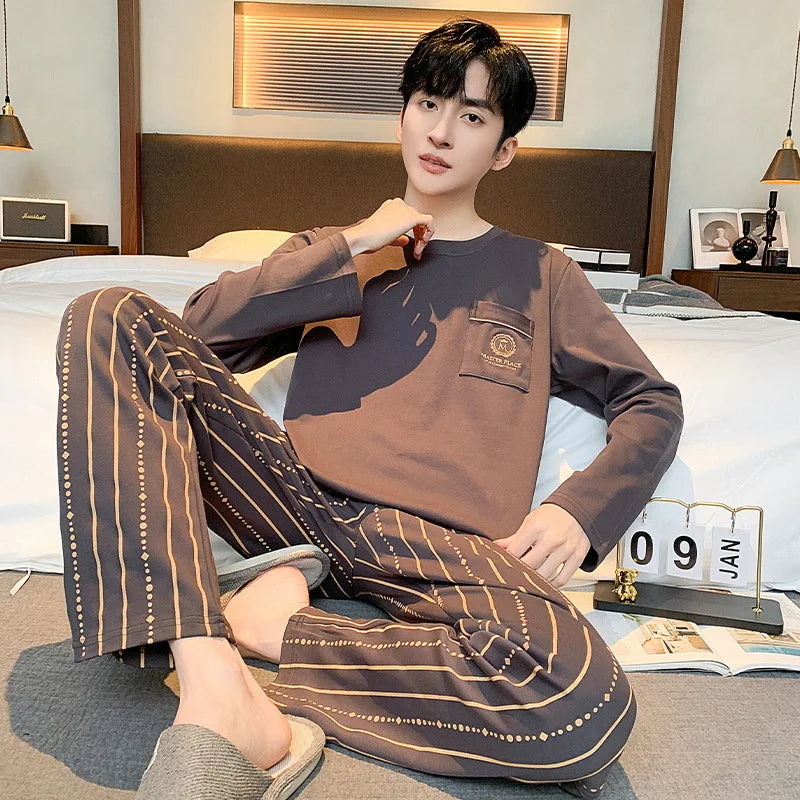 Pajamas for Men Spring Autumn Long Sleeve Lapel Button-up Cardigan Trousers Two-pieces Loose Casual Home Clothes Men Pajama Sets