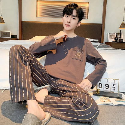Pajamas for Men Spring Autumn Long Sleeve Lapel Button-up Cardigan Trousers Two-pieces Loose Casual Home Clothes Men Pajama Sets