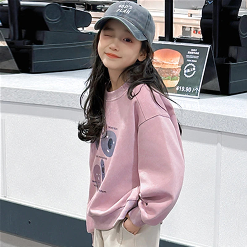 Fashion Cartoon Print Children's Sweatshirt For Teenage Girls Spring and Autumn Round Neck Sweatershirt Outfit Kids 5-14 Years