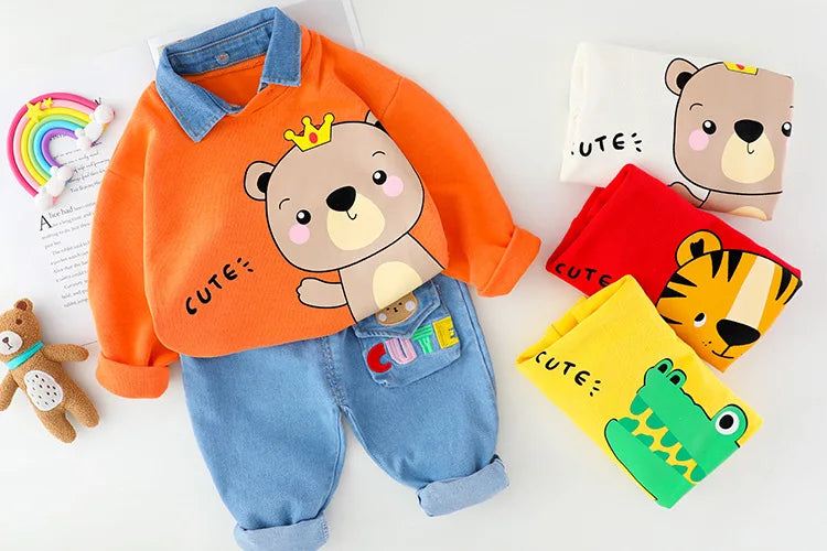Baby boy clothes 0-4 years old spring and autumn long-sleeved suit boy cartoon lapel cotton sweater + jeans baby 2-piece set