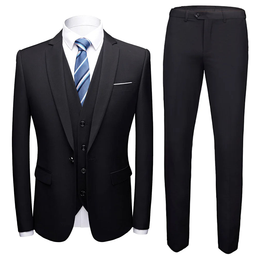 Man Suit Set Simple Solid Color Long Sleeve Male Outfit Single-breasted Slim Business Wedding Versatile Men Three-piece Suits