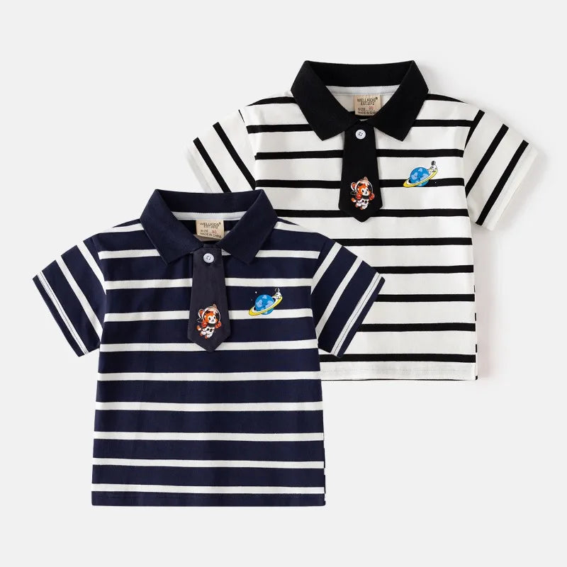 HoneyCherry Boys' Short-sleeve Polo Shirts Summer Cartoon-printed Stylish Turn-collar Tops Boy T-shirts
