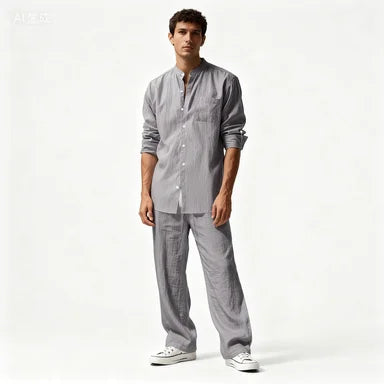 Fall Men's Cotton and Linen Two-piece Set, Oversized Simple Versatile Long-sleeved Shirt + Pants Comfortable Linen Suit for Men