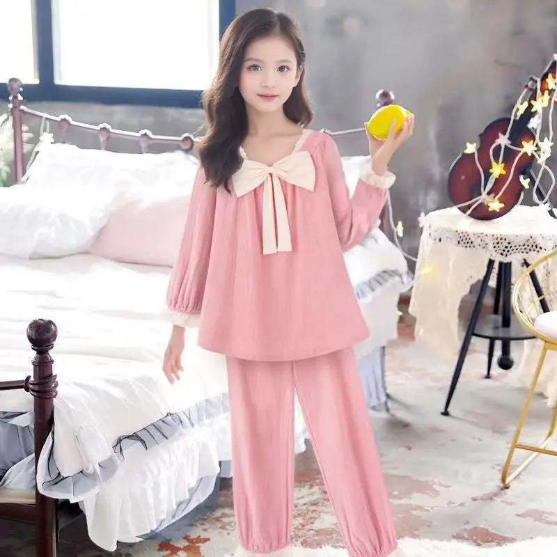Girls Pajamas Spring Autumn Thin Cotton Yarn Two-piece Girl Princess Style Long-sleeved Suit Children Air-conditioning Clothing