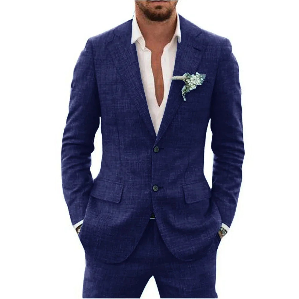 High Quality Linen Suits for Men Two Piece Formal Notch Lapel Single Breasted Male Suit Beach Casual Elegant Wedding Tuxedo