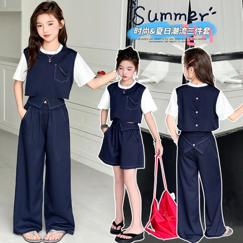 summer teen girls clothes set Rear buckle Splicing T-shirt+Flip over wide leg pants 2pcs junior kid suit child Pantsuits outfits