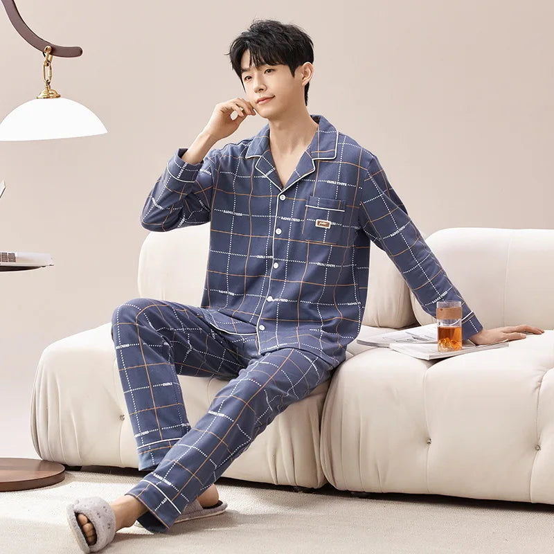 Pajamas for Men Spring Autumn Long Sleeve Lapel Button-up Cardigan Trousers Two-pieces Loose Casual Home Clothes Men Pajama Sets