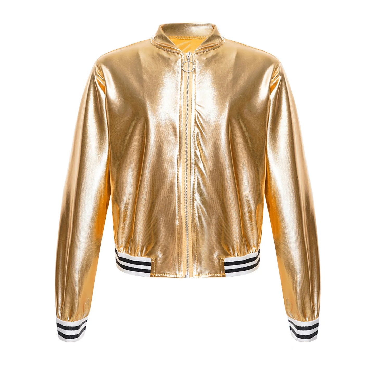 Kids Girls Long Sleeve Casual Sports Bomber Jackets Jazz Hip-hop Street Dance Costume Boys Shiny Metallic Baseball Outwear Coats