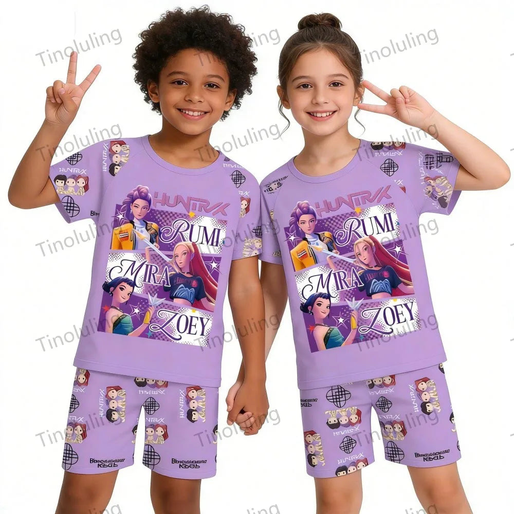 Girls Pajamas Sets Kids Toddler 3 to 8 10 11 12 Years Kpop Demon Hunters Summer Pjs Tops+Shorts Two Pieces Pijamas Sleepwear Set