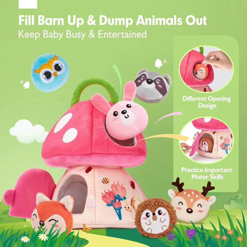 Baby Toys 6-12 Months Bee House with Stuffed Farm Animals for Toddlers 1-3 Baby Plush Beehive Wtih Rattles Squeaker Mirror
