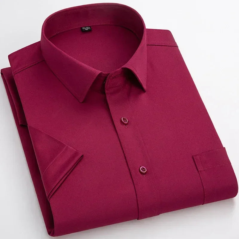 Men’s Business Short Sleeve Shirts Elegant Plain Stretch No Iron Office Formal Dress Shirt Casual Standard Male Workwear Shirt