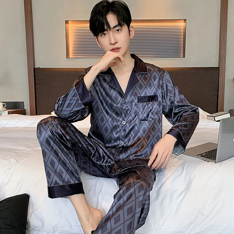 Pajamas Men Spring Summer Thin Ice Silk Luxurious Loose Fitting Home Wear Suit Male Satin Pyjamas Set Night Pajamas Set Men