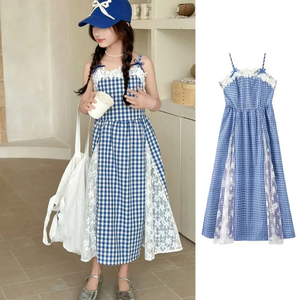 Fashion Plaid Girl Princess Dress Loose Lace Mesh Teens Sling Dress Sweet Skirt Children Sleeveless Dresses Summer