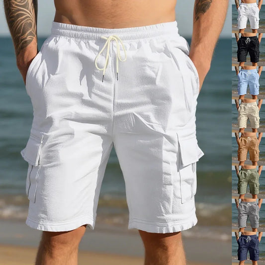 Cross-border European and American men beach skin-friendly breathable linen loose cargo multi-pocket squat jogging casual shorts