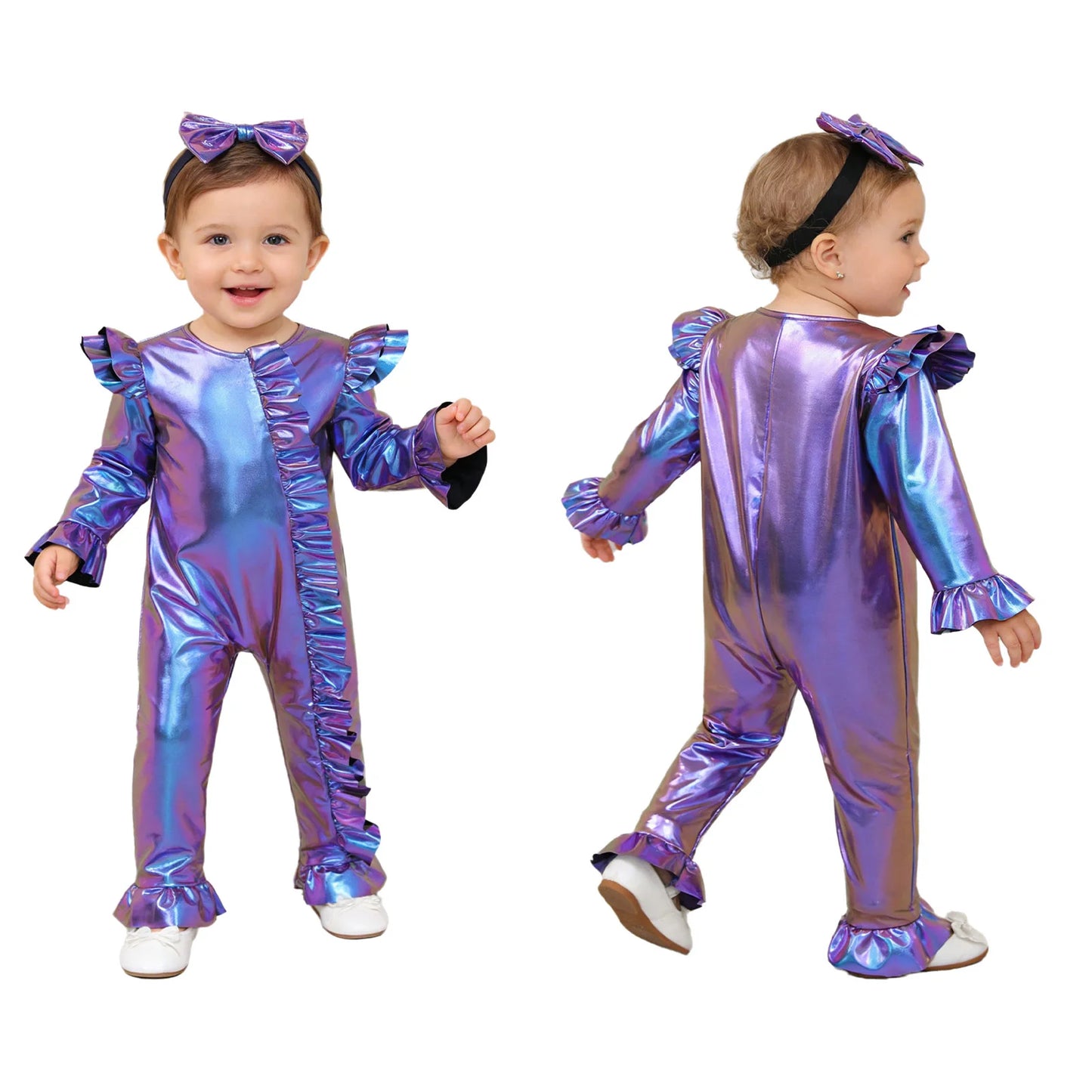 Baby Girls Clothes Birthday Party Metallic Bell Bottoms Romper Djustable Straps Bow Overalls with Headwear Photo Shoot Outfit