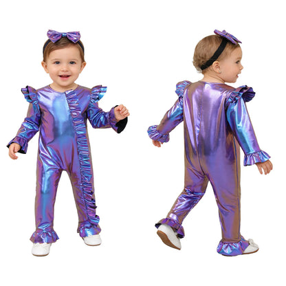 Baby Girls Clothes Birthday Party Metallic Bell Bottoms Romper Djustable Straps Bow Overalls with Headwear Photo Shoot Outfit