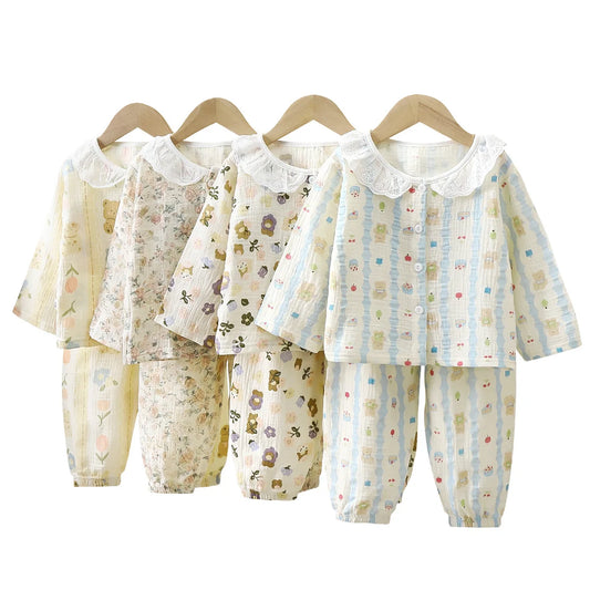 2Pcs Girls Summer Cotton Gauze Thin Pajamas Home Wear Cartoon Floral Print Long Sleeve Lace Trimmed Sleepwear Baby  Clothing Set