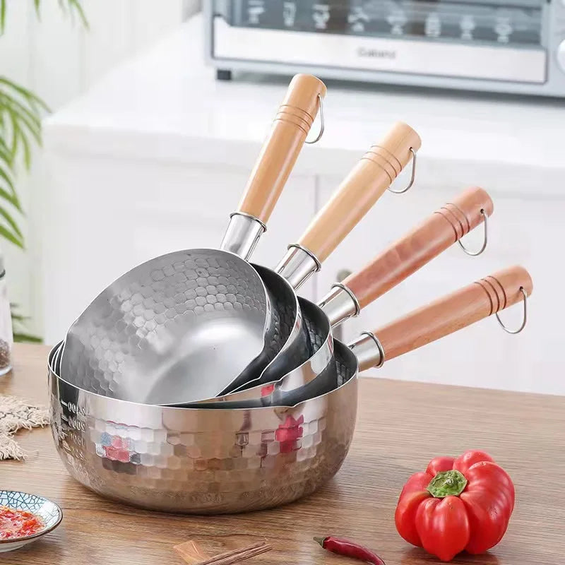 Stainless Steel Pan Japanese Snow Pan Wooden Handle Lid Stew Pots Fry Wok Saucepan Milk Pot Kitchen Utensils Practical Cookware