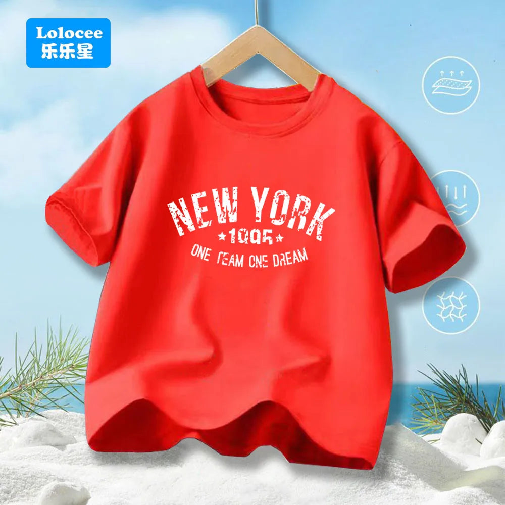 Teens Boys Summer Cotton Fashionable Casual T-shirt Kids New York Letter Printed Round Neck Short Sleeve T-shirt Top ZNYB1
