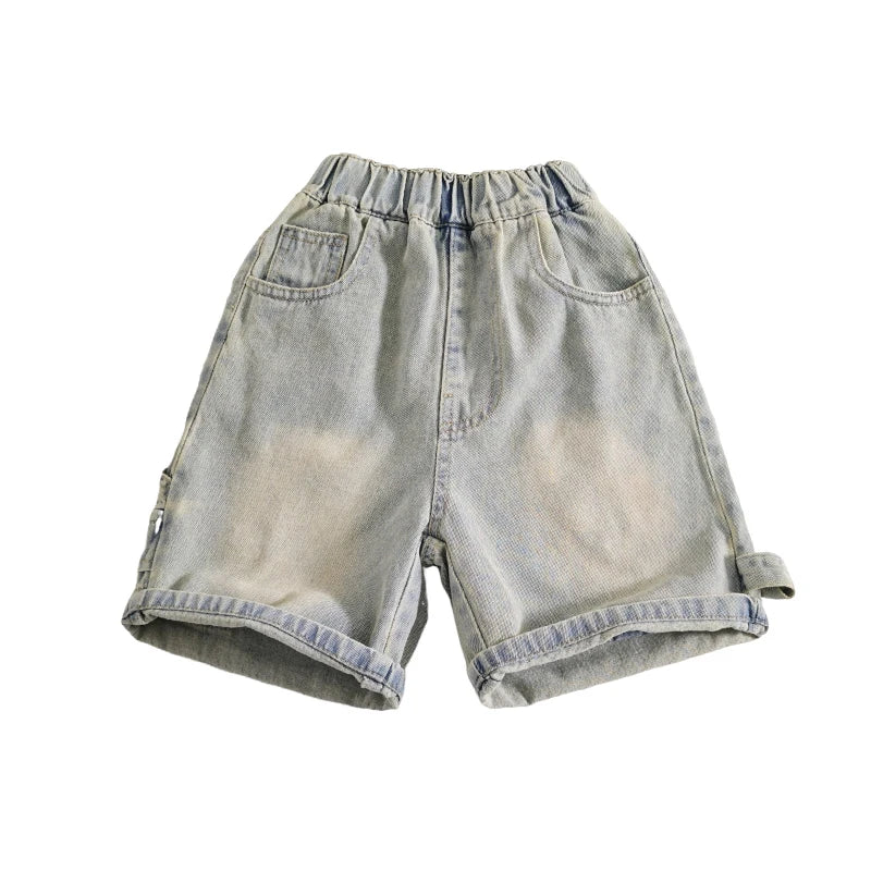 Kids Boy Loose Straight Denim Shorts with Pockets Children Fashion Trendy Hip-Hop Casual Mid Calf Jeans Shorts High Quality