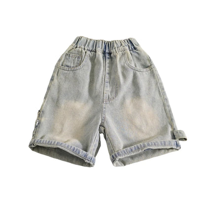 Kids Boy Loose Straight Denim Shorts with Pockets Children Fashion Trendy Hip-Hop Casual Mid Calf Jeans Shorts High Quality
