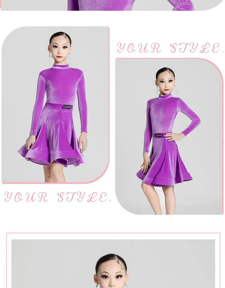 Girls' Latin Dance Dress Autumn/Winter Long Sleeve Professional Practice Dress Velvet Split Set Dance Performance Dress