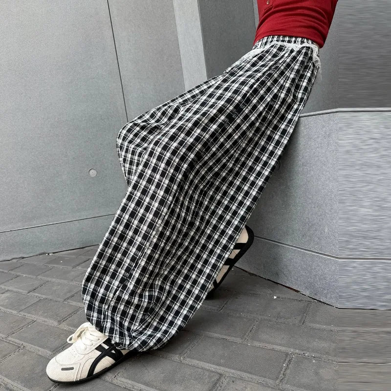 Girls Pants Spring Summer 2026 Minimalist Cute Casual Plaid Wide Leg Pants Elastic Waist Lace Ruffle Trim Children's Clothing