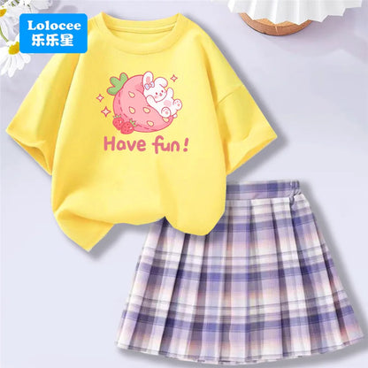 Girls' Trendy School Outfit - Cartoon Music Guitar Rabbit Print Tee + Plaid Skirt Two-Piece Set Teenage Girls Clothes Set