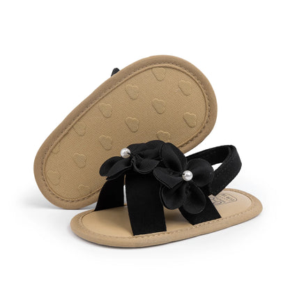 2025 New Baby Girls Shoes Flowers With Pearls Summer Cool Princess Sandals Lightweight Comfortable Soft Anti-slip Flat Sole