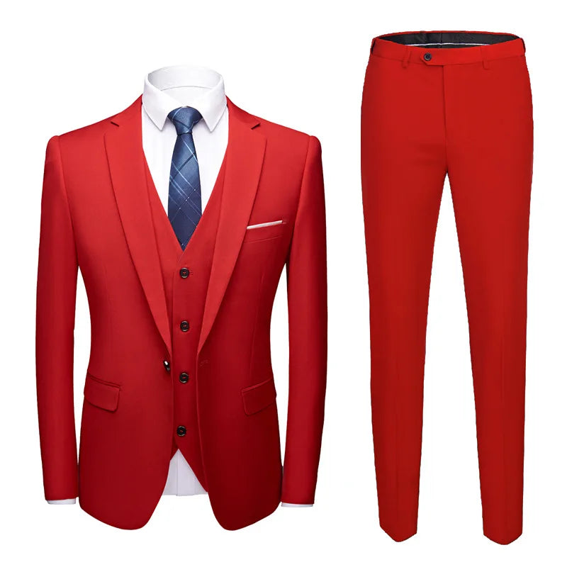 Man Suit Set Simple Solid Color Long Sleeve Male Outfit Single-breasted Slim Business Wedding Versatile Men Three-piece Suits