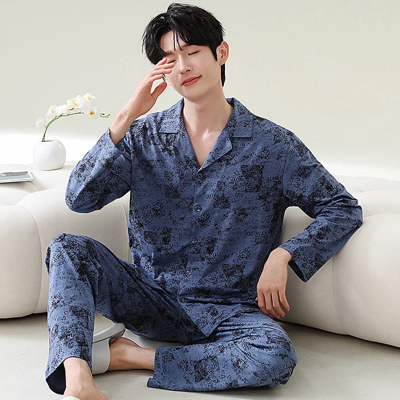 Pajamas for Men Spring Autumn Long Sleeve Lapel Button-up Cardigan Trousers Two-pieces Loose Casual Home Clothes Men Pajama Sets