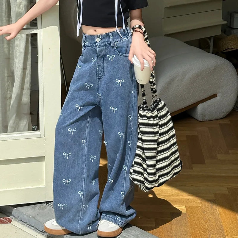 New Summer Girls Casual Style Jeans For Teenage Clothes Bow Print Denim Wide Leg Pants Spring Big Kids Straight Trousers 5-16Y