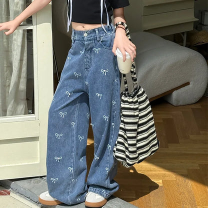 New Summer Girls Casual Style Jeans For Teenage Clothes Bow Print Denim Wide Leg Pants Spring Big Kids Straight Trousers 5-16Y