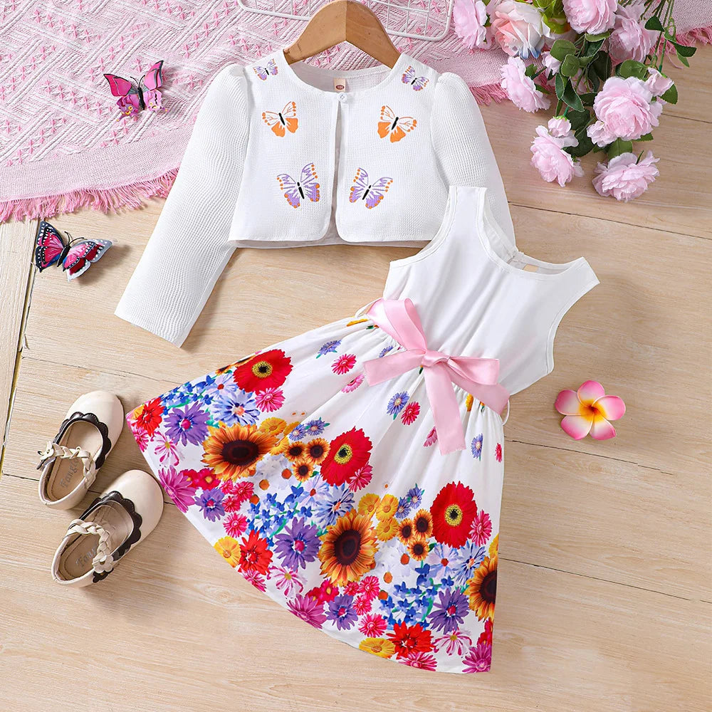 Kids Casual Clothing Sets Outfits For Girls Spring Summer Toddler Floral Print Long Sleeve Coat Tank Dress Children Clothes