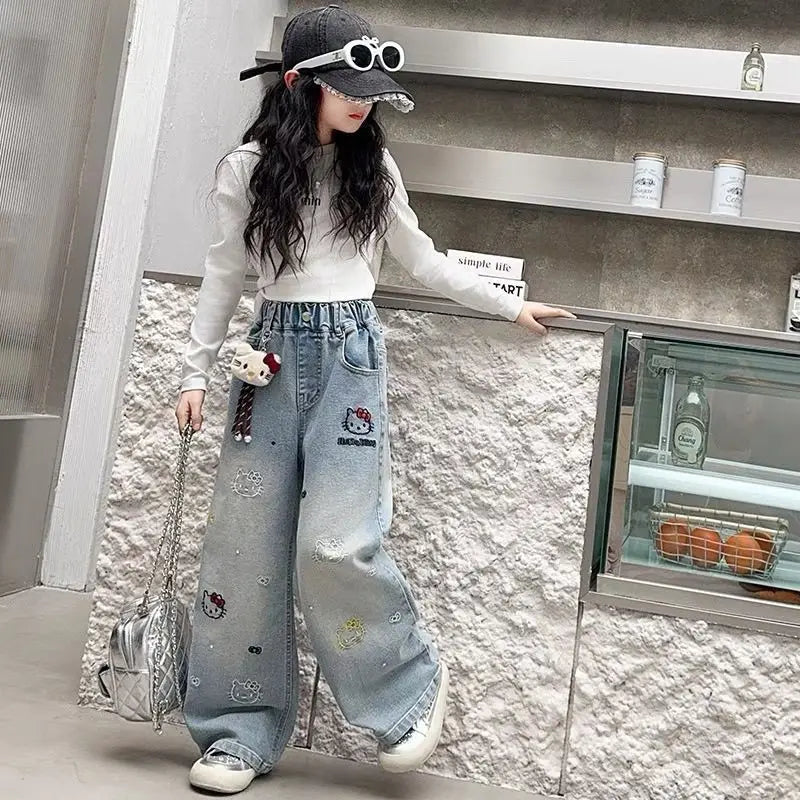 Girls Spring Autumn Wide Leg Jeans High Waist Long Pants Children's Clothing Kids' Denim Trousers Trendy Streetwear for Girls