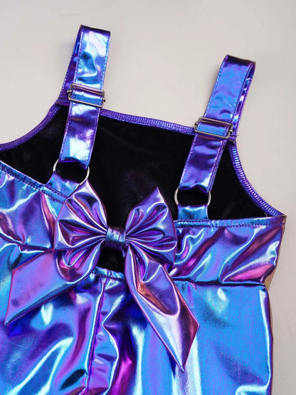 Baby Girls Clothes Birthday Party Metallic Bell Bottoms Romper Djustable Straps Bow Overalls with Headwear Photo Shoot Outfit