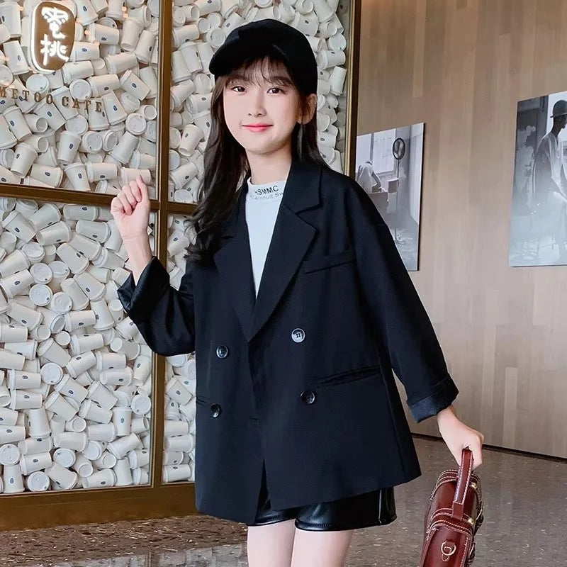 Kids Girls Jacket Spring Autumn Fashion Korean Long Sleeve Black Suit Jackets for Girls Teenager Button Blazer Cardigan Jackets